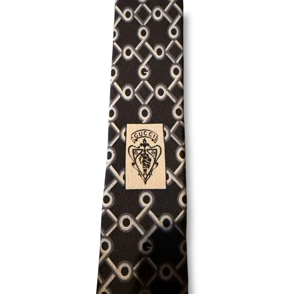 GUCCI Printed Silk Tie Gray‎ White Made In Italy Men’s Accessory